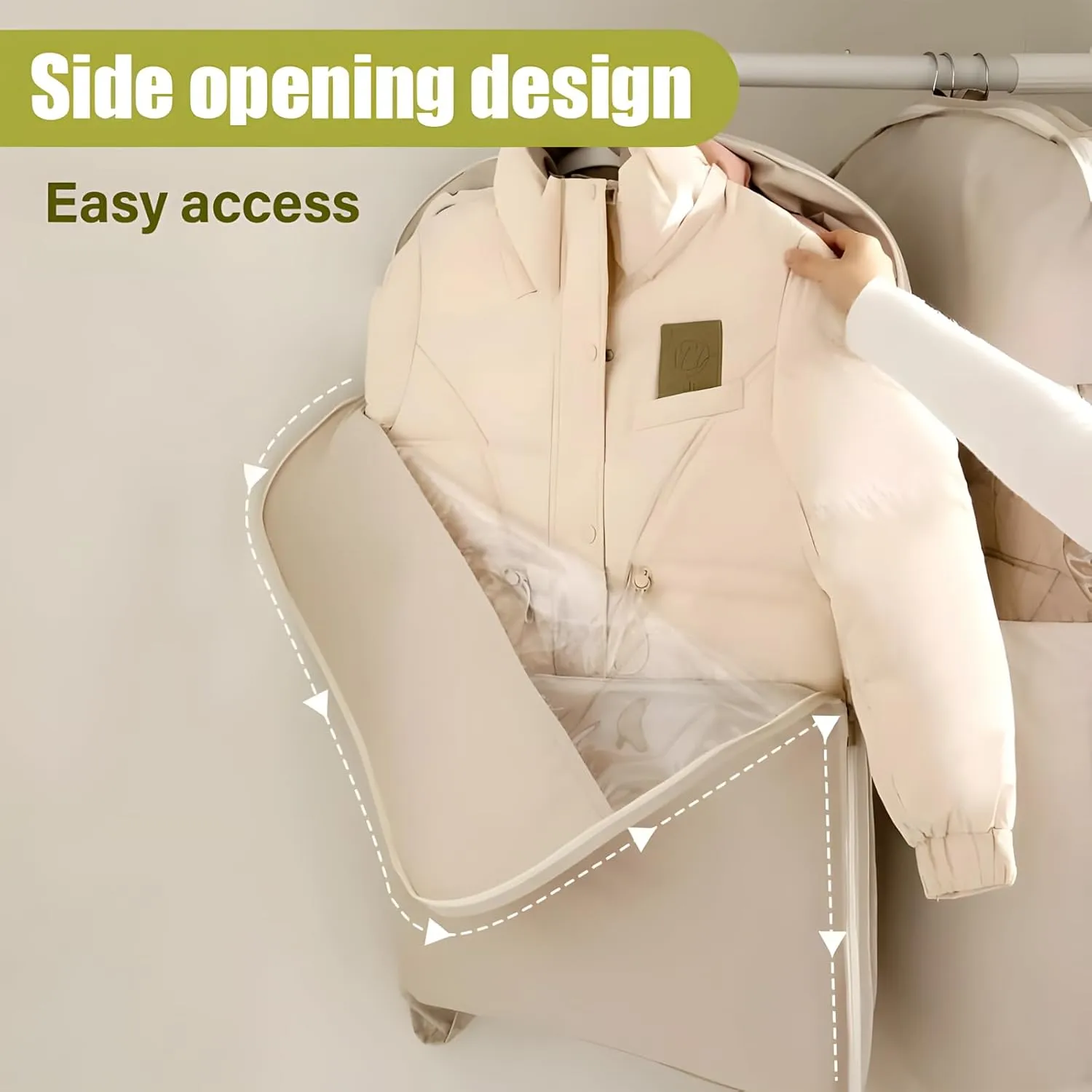 2025 New Space Saving Hanging Garment Bag with Self Compression Zipper,Dust Cover Clothes Bags for down Coat, Transparent Visibility,Space Saver Closet Organizer Coat Bags (Beige, Medium)
