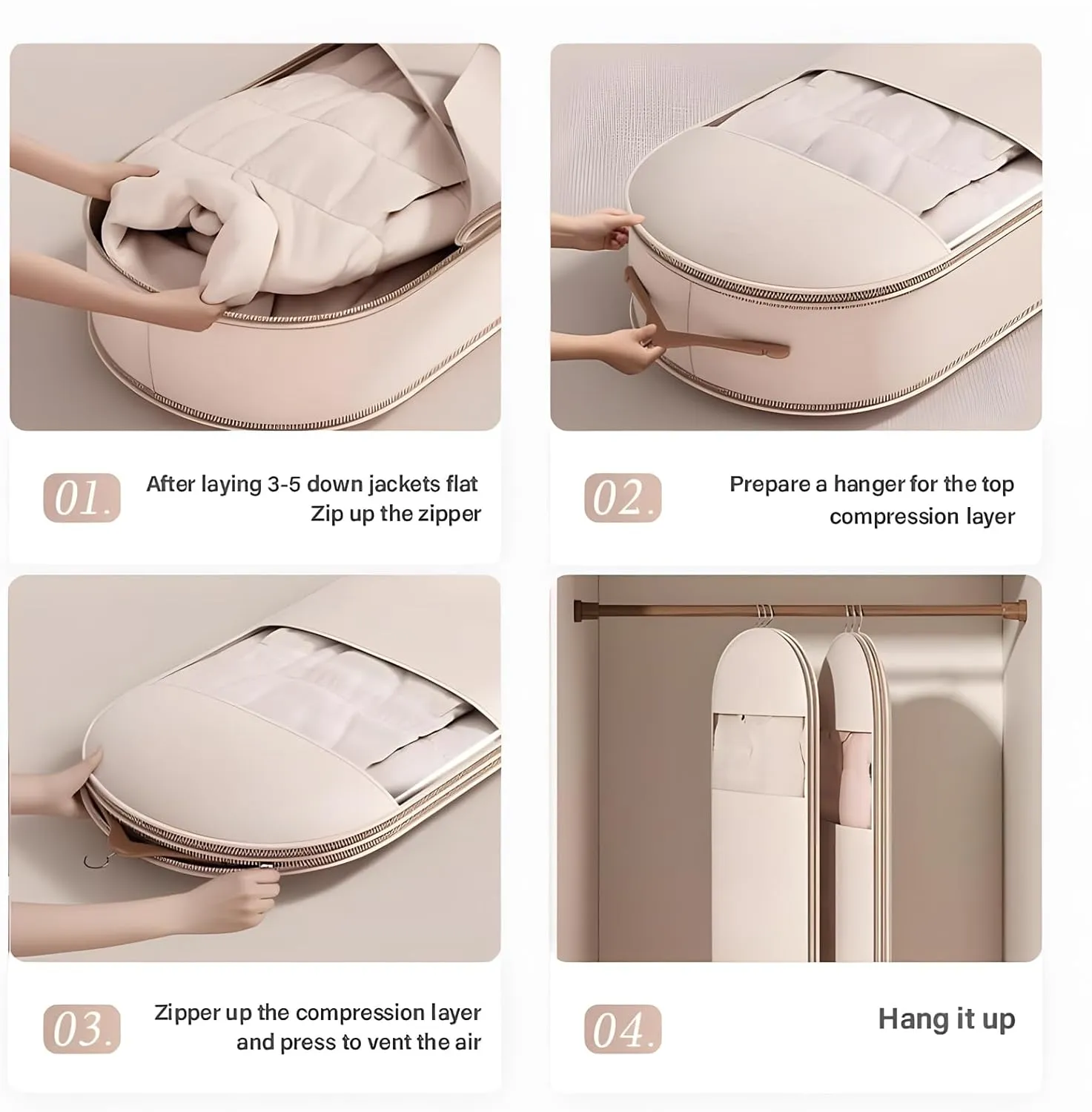 2025 New Space Saving Hanging Garment Bag with Self Compression Zipper,Dust Cover Clothes Bags for down Coat, Transparent Visibility,Space Saver Closet Organizer Coat Bags (Beige, Medium)