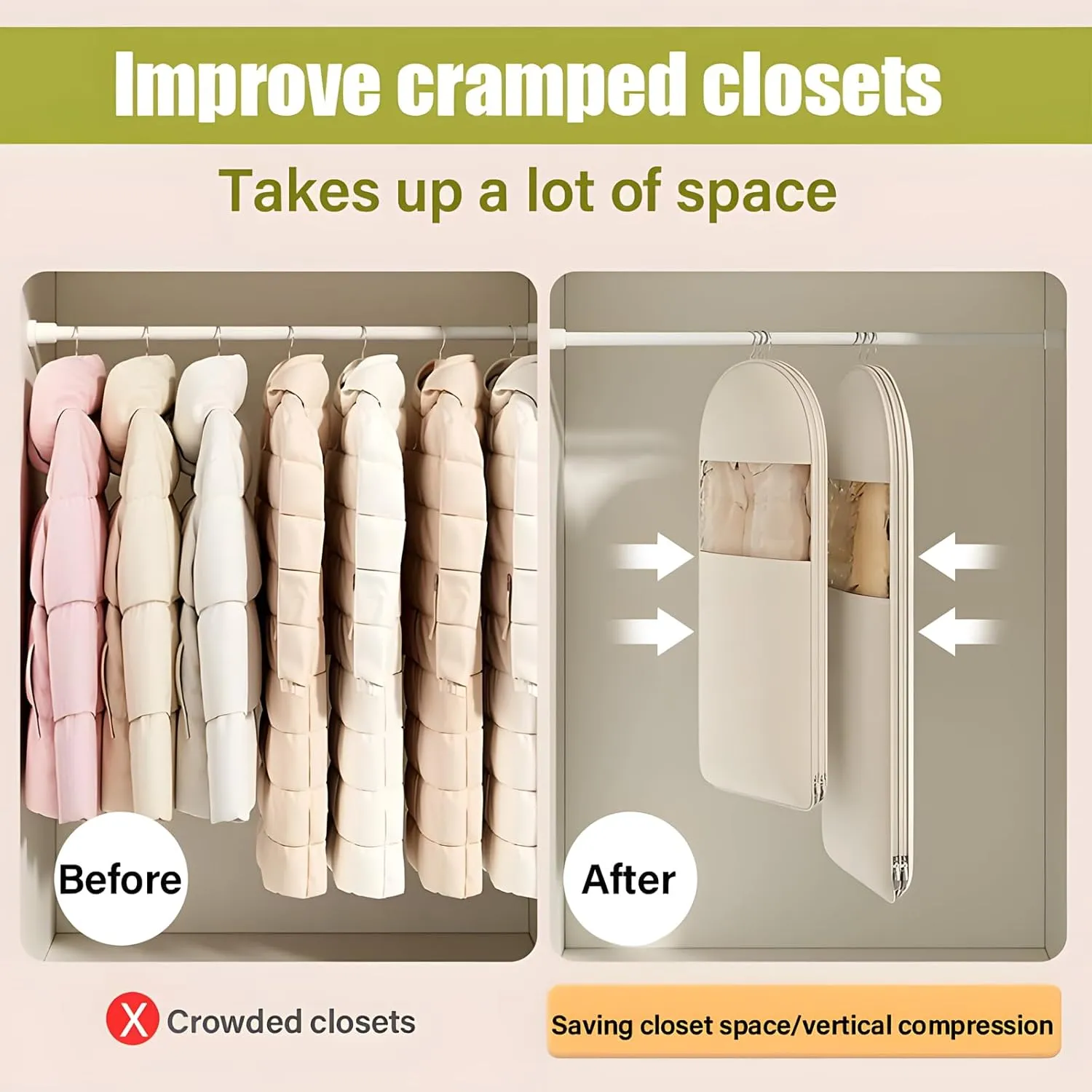 2025 New Space Saving Hanging Garment Bag with Self Compression Zipper,Dust Cover Clothes Bags for down Coat, Transparent Visibility,Space Saver Closet Organizer Coat Bags (Beige, Medium)
