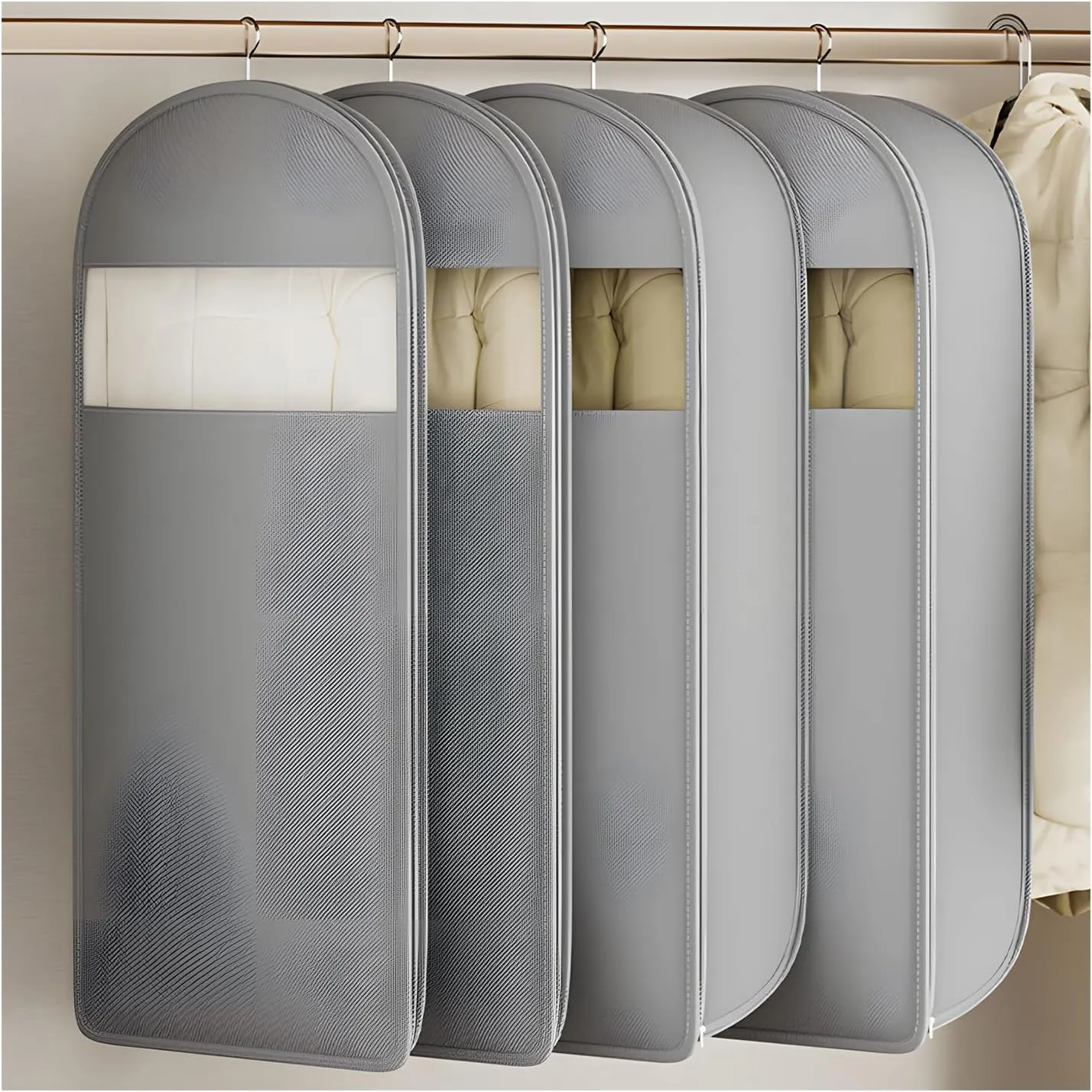 2025 New Space Saving Hanging Garment Bag with Self Compression Zipper,Dust Cover Clothes Bags for down Coat, Transparent Visibility,Space Saver Closet Organizer Coat Bags (Grey, Medium)