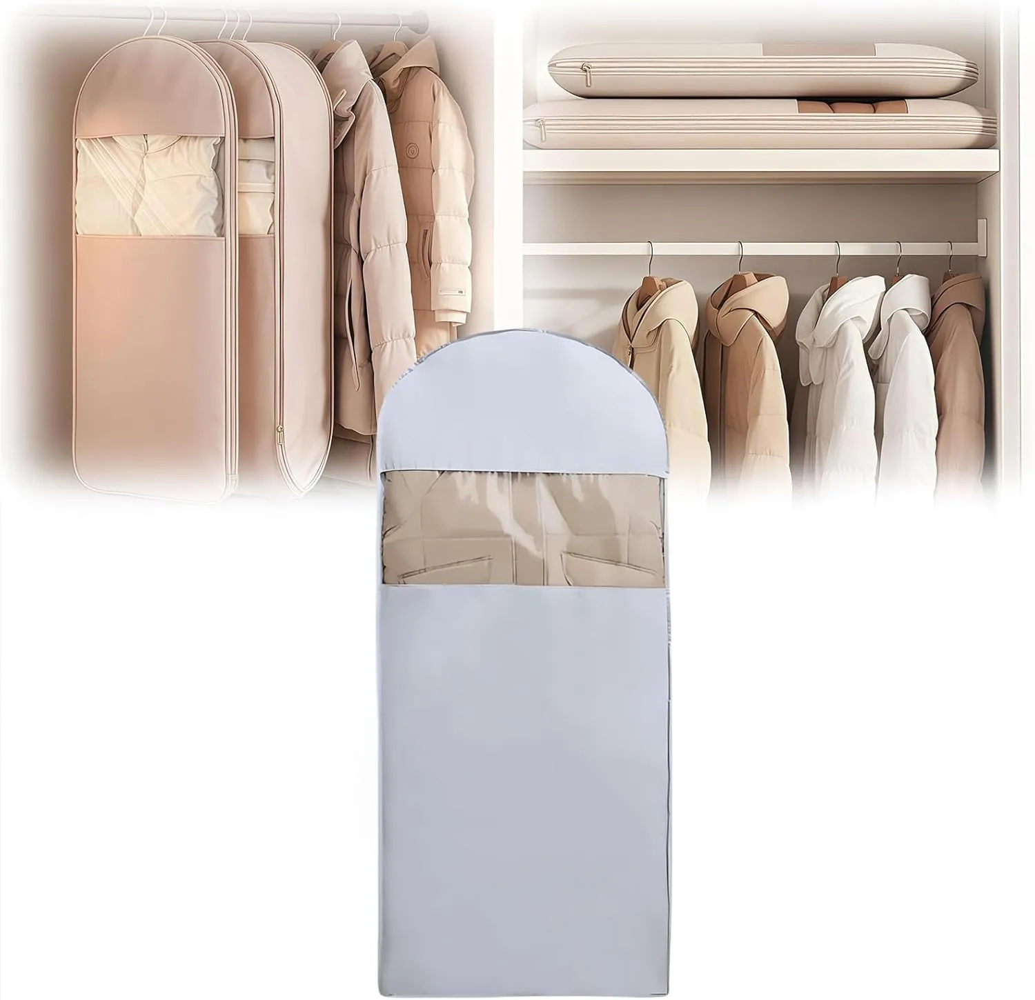 2025 Space Saving Hanging Garment Bag with Self Compression Zipper, Coat Storage Bag Hanging, Space Saver Coat Storage Bags,Dust Cover Clothes Bags for down Coats (Grey,X-Large)