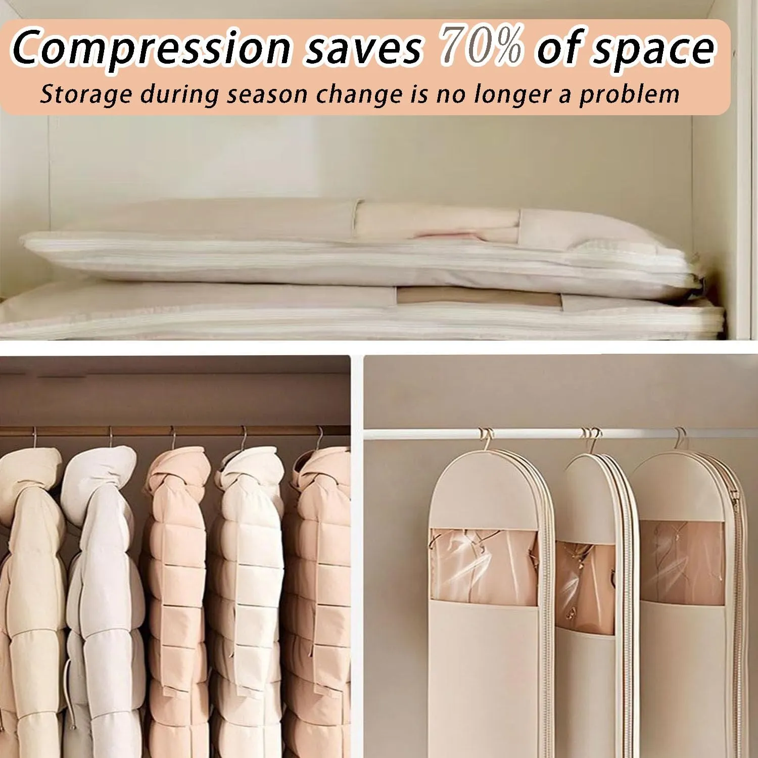 2025 Space Saving Hanging Garment Bag with Self Compression Zipper, Transparent Visibility Space Saving Hanging Protector for Down Coat with Self Compression Zipper (Extra Large)