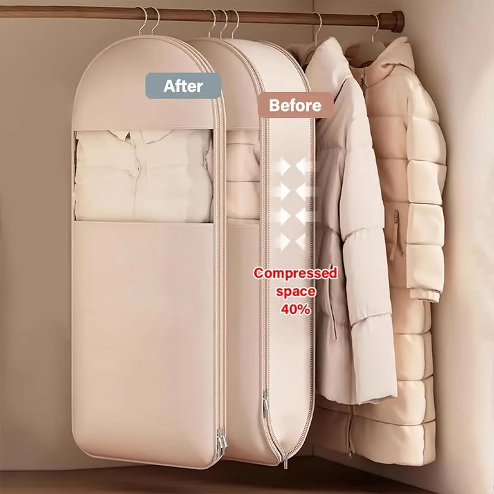 2025 Space Saving Hanging Garment Bag with Self Compression Zipper, Upgrade Space Saving Garment Bags, Ultra Space Saving Dust Cover Hanging for Clothes, Space Saver Closet Organizers (Beige-M)
