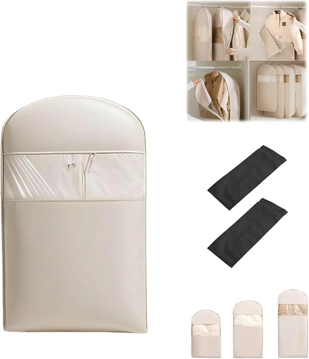 2025 Space Saving Hanging Garment Bag with Self Compression Zipper, Upgrade Space Saving Garment Bags, Ultra Space Saving Dust Cover Hanging for Clothes, Space Saver Closet Organizers (Beige-M)