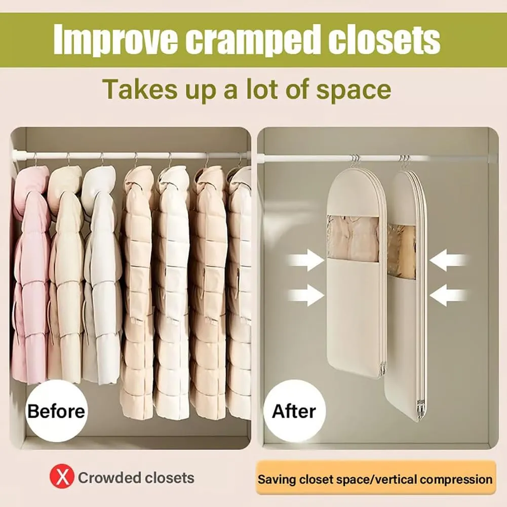2025 Space Saving Hanging Garment Bag with Self Compression Zipper, Upgrade Space Saving Garment Bags, Ultra Space Saving Dust Cover Hanging for Clothes, Space Saver Closet Organizers (Beige-M)