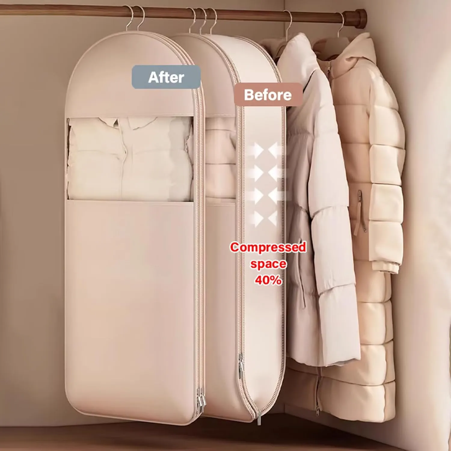 2025 Space Saving Hanging Garment Bag with Self Compression Zipper,Otherwise Garment Bag, Garment Bags for Travel,35/43/51in Garment Bags for Hanging Clothes, Coats, Jackets, Shirts (Beige, L)