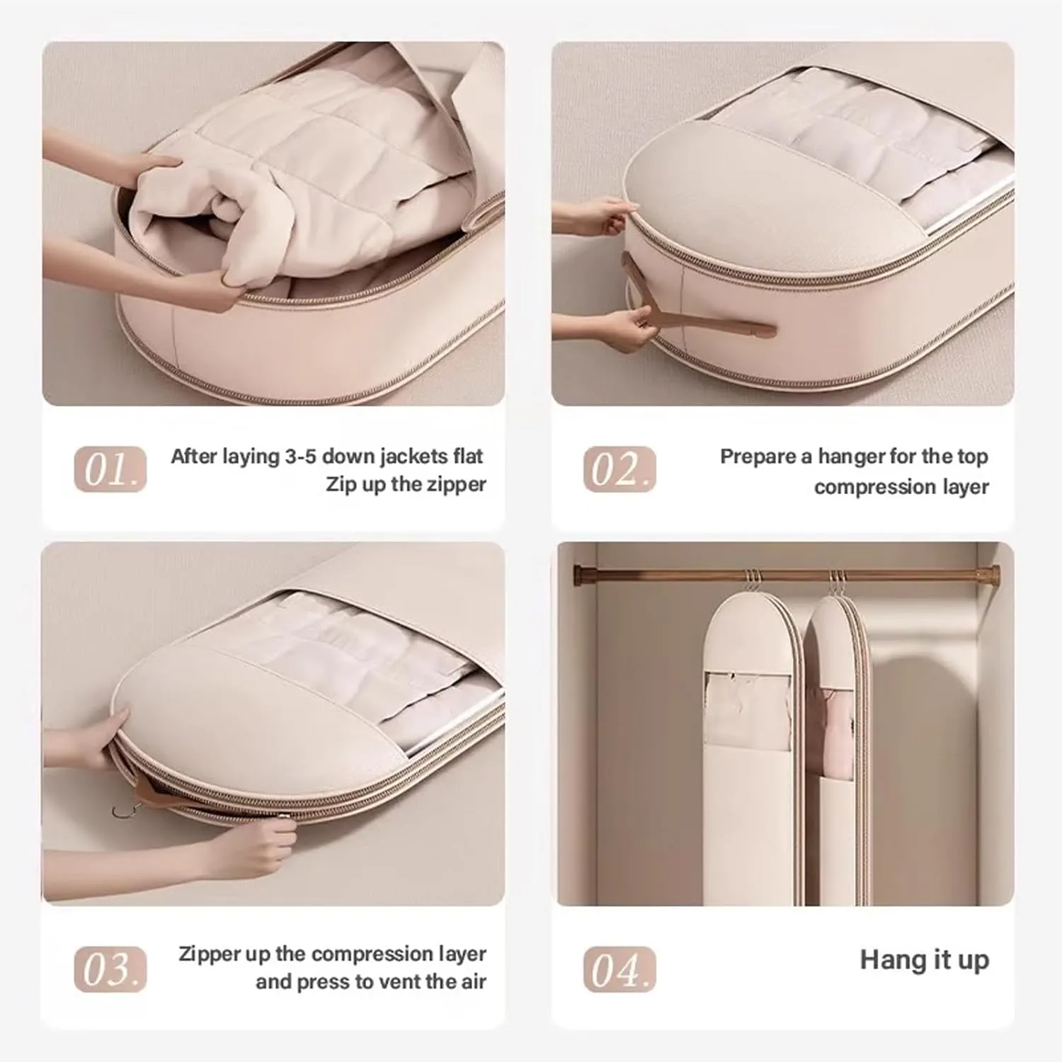2025 Space Saving Hanging Garment Bag with Self Compression Zipper,Otherwise Garment Bag, Garment Bags for Travel,35/43/51in Garment Bags for Hanging Clothes, Coats, Jackets, Shirts (Beige, L)