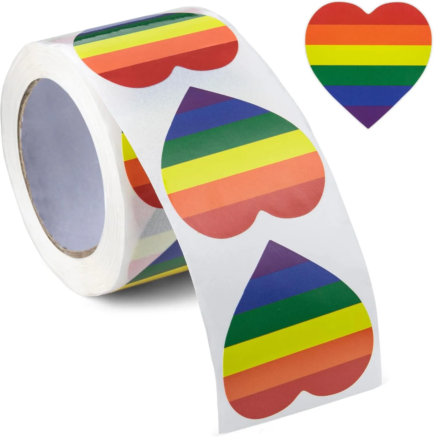 250 Rainbow Stripe Heart Stickers for LGBTQ Pride Parades and Events | Rainbow Flag Heart Shaped Stickers on a Roll