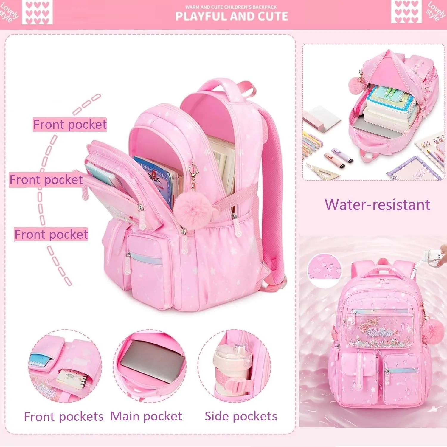 2Pcs Kids Backpack Set for Girls with Lunchbox Bookbag for Elementary School Pre Girls School Bag Water Resistant Purple