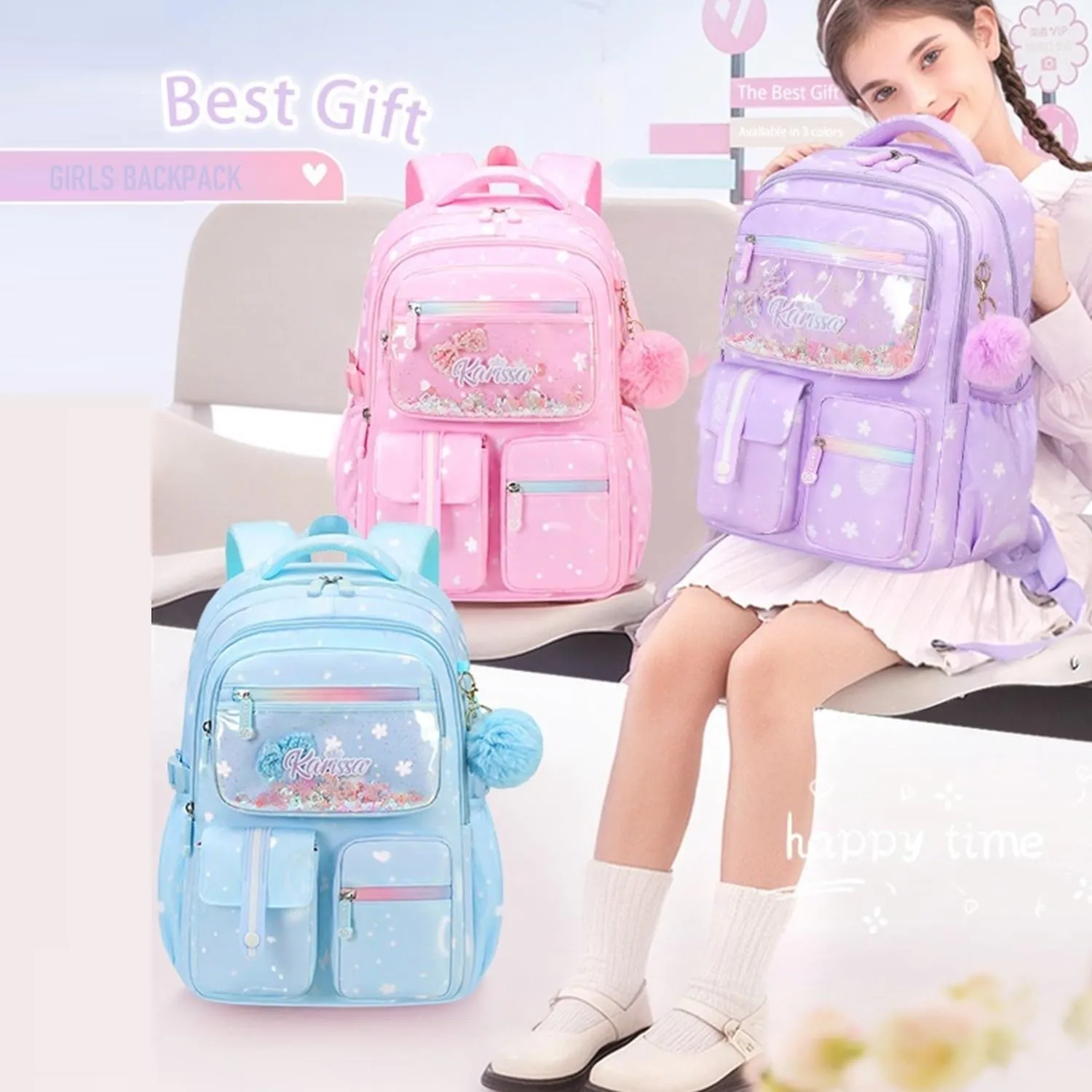 2Pcs Kids Backpack Set for Girls with Lunchbox Bookbag for Elementary School Pre Girls School Bag Water Resistant Purple
