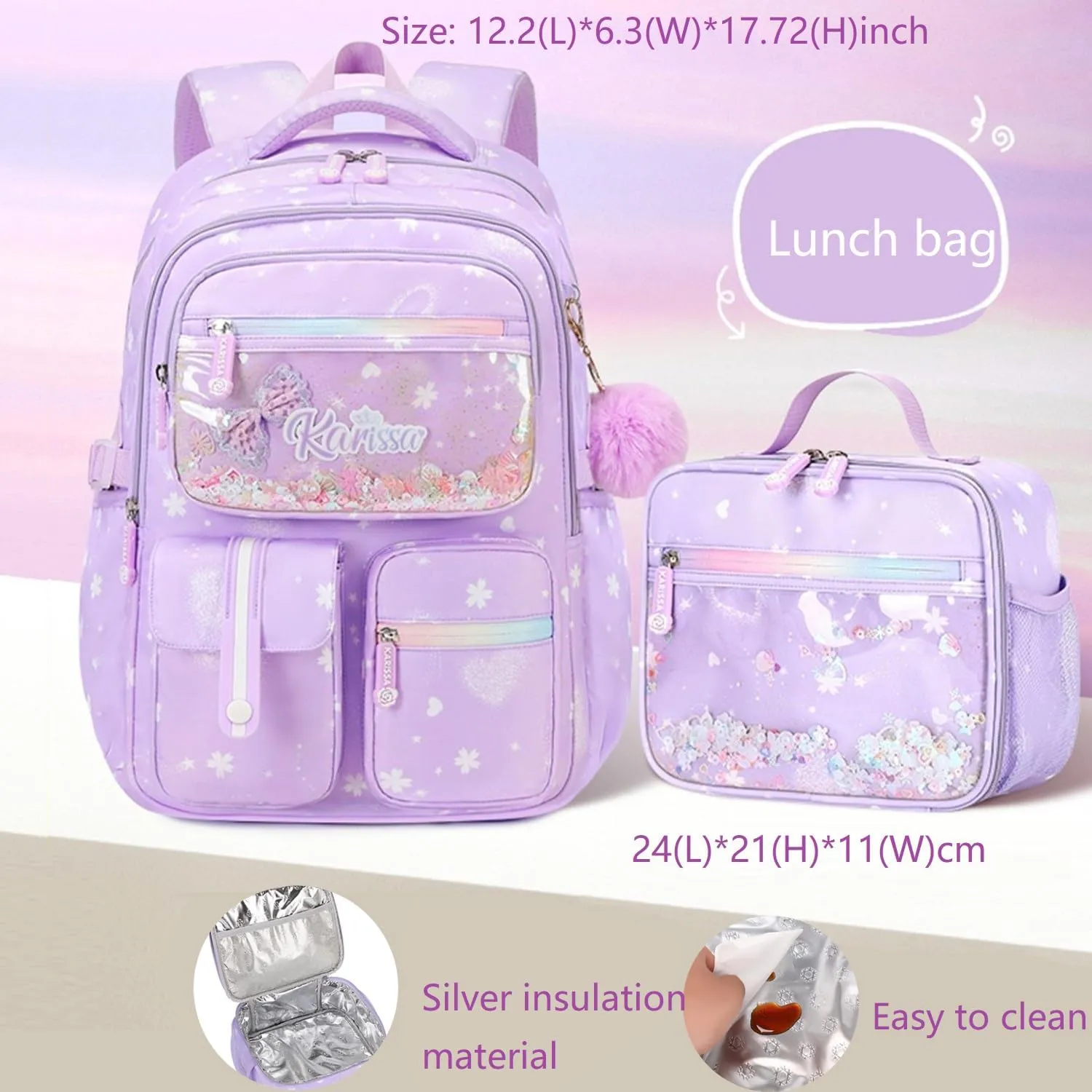 2Pcs Kids Backpack Set for Girls with Lunchbox Bookbag for Elementary School Pre Girls School Bag Water Resistant Purple