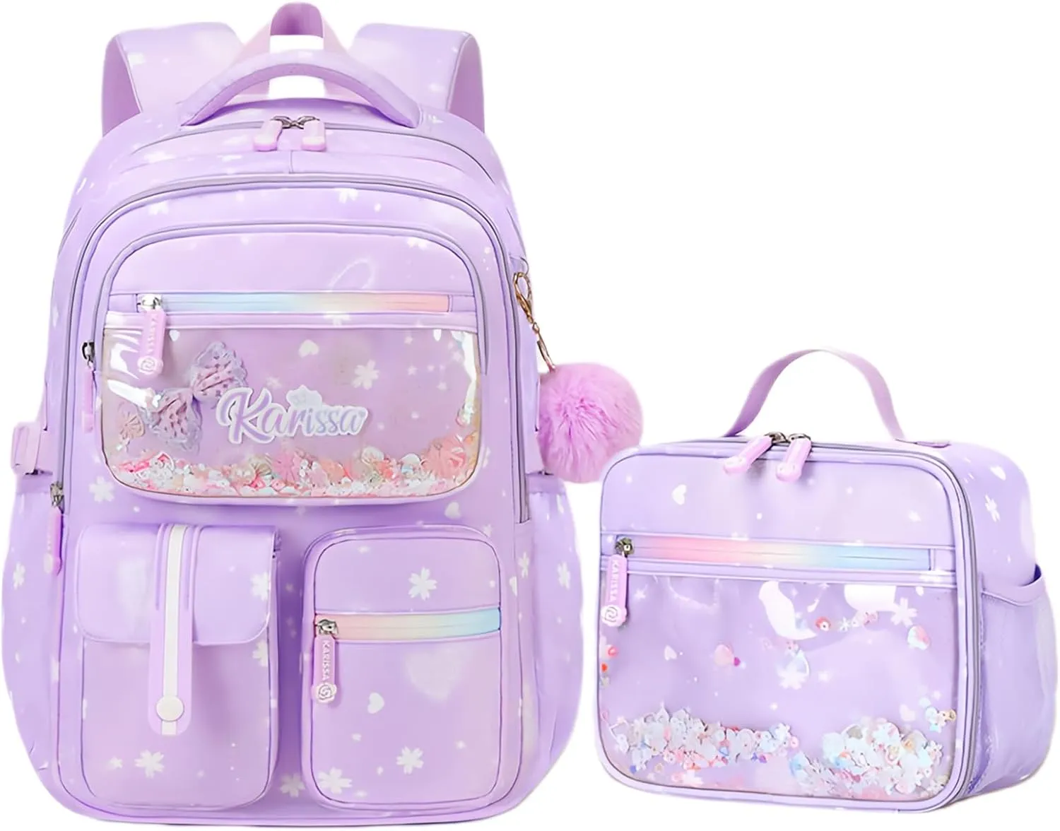 2Pcs Kids Backpack Set for Girls with Lunchbox Bookbag for Elementary School Pre Girls School Bag Water Resistant Purple