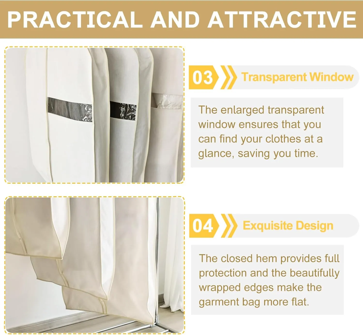 3 Pack Garment Bags for Hanging Clothes, Cotton Linen Suit Bags for Travel Closet Storage, Washable Breathable Clothes Covers with Zipper for Coat, Sweater, Dress, Shirt, Down Jacket(Size:51.2″×23.6″)