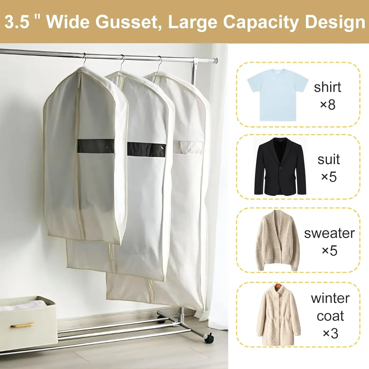 3 Pack Garment Bags for Hanging Clothes, Cotton Linen Suit Bags for Travel Closet Storage, Washable Breathable Clothes Covers with Zipper for Coat, Sweater, Dress, Shirt, Down Jacket(Size:51.2″×23.6″)