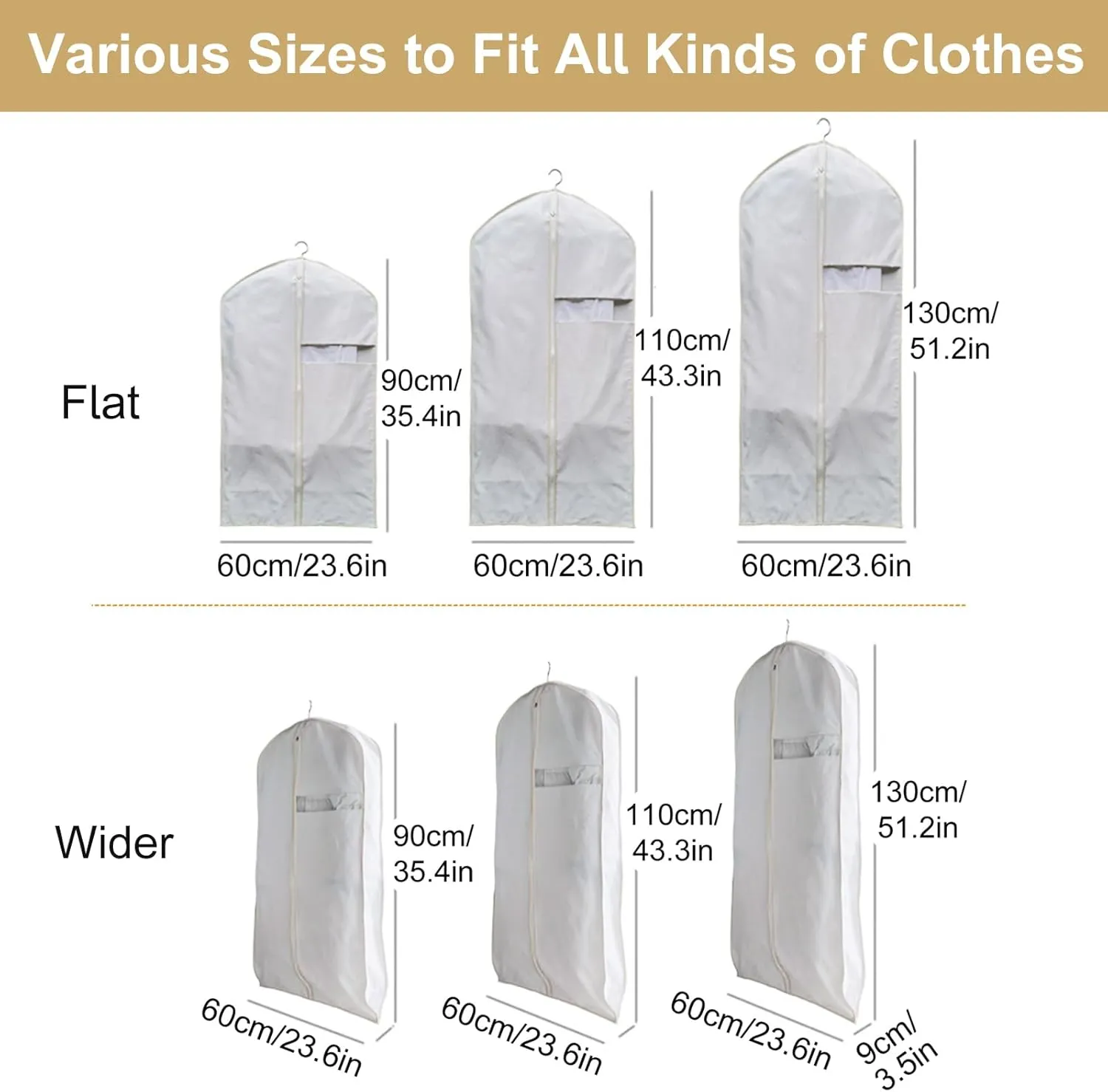 3 Pack Garment Bags for Hanging Clothes, Cotton Linen Suit Bags for Travel Closet Storage, Washable Breathable Clothes Covers with Zipper for Coat, Sweater, Dress, Shirt, Down Jacket(Size:51.2″×23.6″)