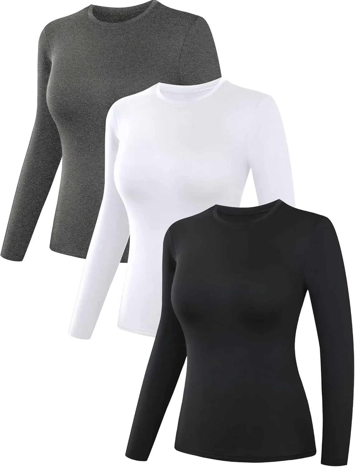 3 Pack Women’s Thermal Shirts, Women Fleece Lined Compression Long Sleeve Base Layer Tops for Winter Cold Weather 1 Black 1 Gray 1 White Large