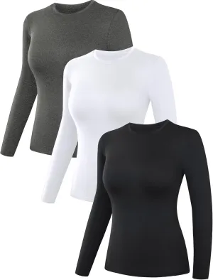 3 Pack Women’s Thermal Shirts, Women Fleece Lined Compression Long Sleeve Base Layer Tops for Winter Cold Weather 1 Black 1 Gray 1 White Large