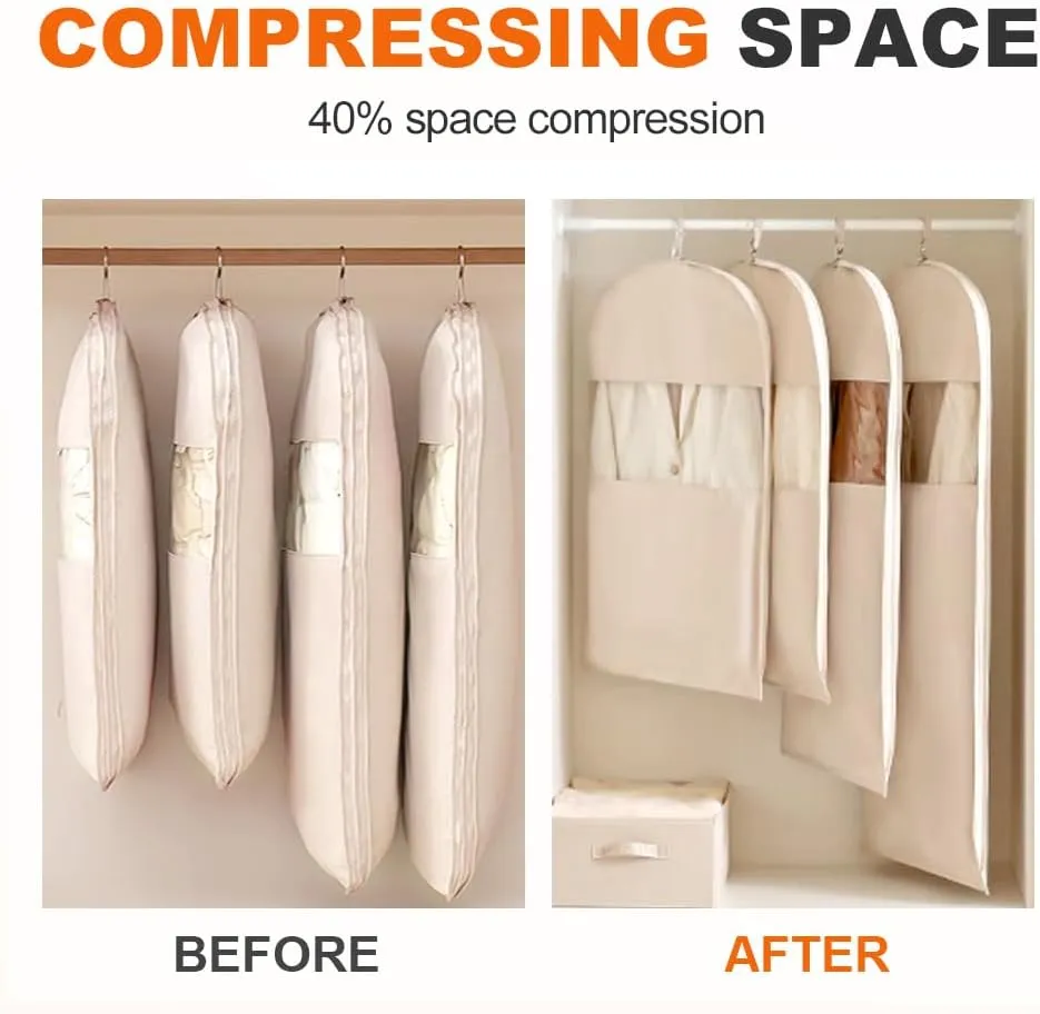 3 PCS 2025 Space Saving Hanging Garment Bag with Self Compression Zipper,Garment Bags for Hanging Clothes,Hanging Vacuum Storage Sealer Bags for Travel,Closet Organizer(Oatmeal, M)