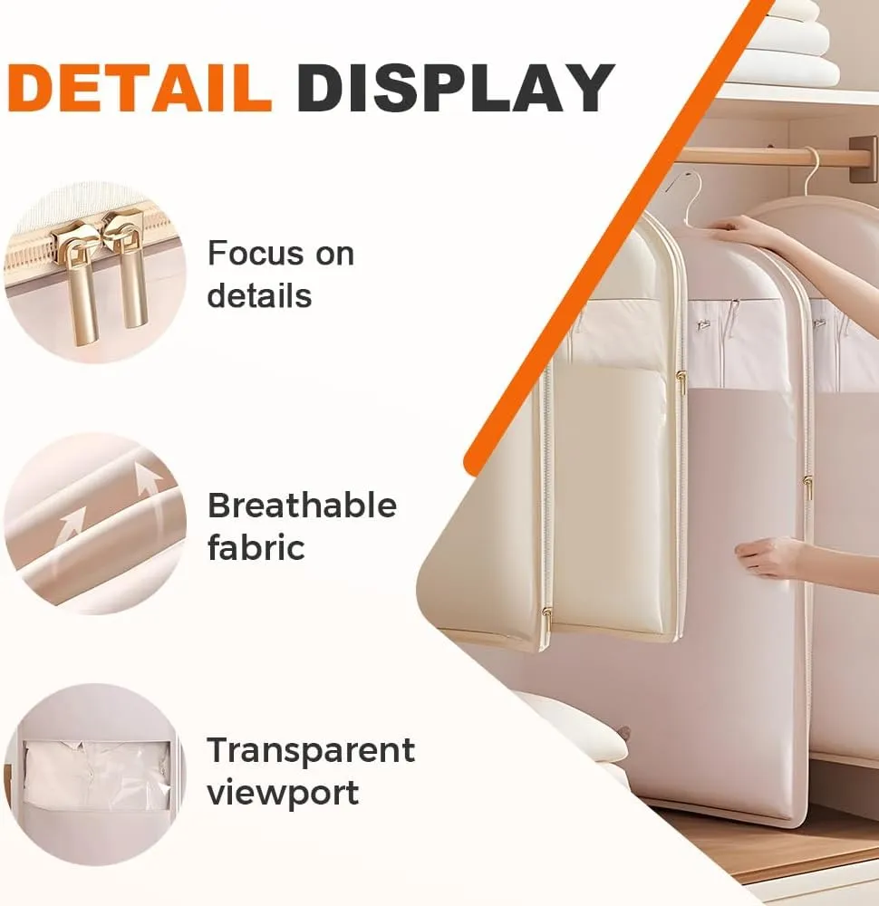 3 PCS 2025 Space Saving Hanging Garment Bag with Self Compression Zipper,Garment Bags for Hanging Clothes,Hanging Vacuum Storage Sealer Bags for Travel,Closet Organizer(Oatmeal, M)