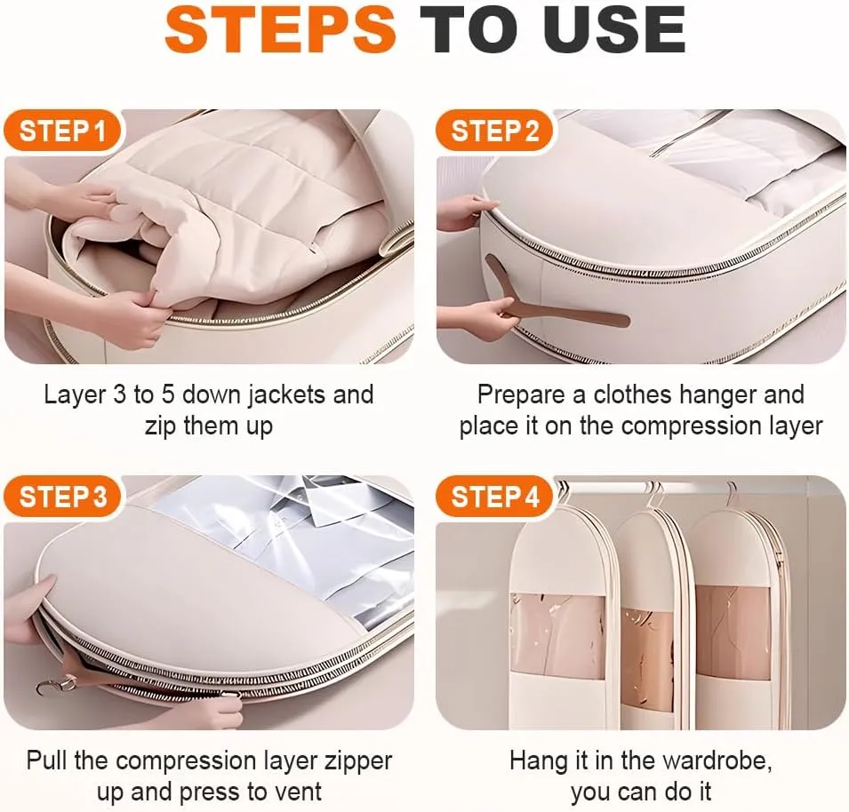 3 PCS 2025 Space Saving Hanging Garment Bag with Self Compression Zipper,Garment Bags for Hanging Clothes,Hanging Vacuum Storage Sealer Bags for Travel,Closet Organizer(Oatmeal, M)
