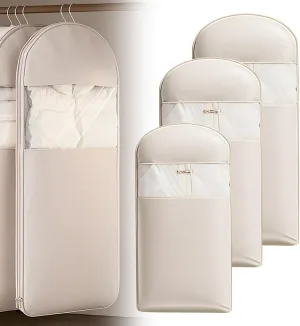 3 PCS Space Saving Hanging Garment Bag with Self Compression Zipper, Garment Bags for Hanging Clothes, Space Saver Dust Cover Clothes Storage Bags for Down Coat (Beige, Small Medium Large)