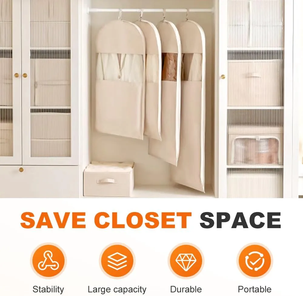 3 PCS Space Saving Hanging Garment Bag with Self Compression Zipper, Garment Bags for Hanging Clothes, Space Saver Dust Cover Clothes Storage Bags for Down Coat (Beige, Small Medium Large)
