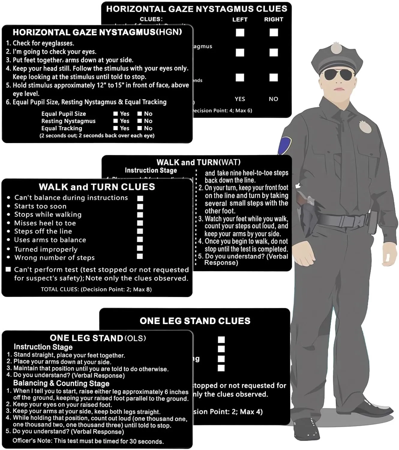 3 PCS/Set of Metal NHTSA SFST/HGN Checklist Cards, Standardized Field Sobriety Test Instruction Card - Walk and Turn, HGN, One Leg Stand, Law Enforcement, Trooper, DWI, Police Card