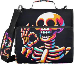 3 Ring Zipper Binder with Shoulder Strap Skull with Ok Gesture Binder Bag Expanding File Folder Storage Multiple Pockets