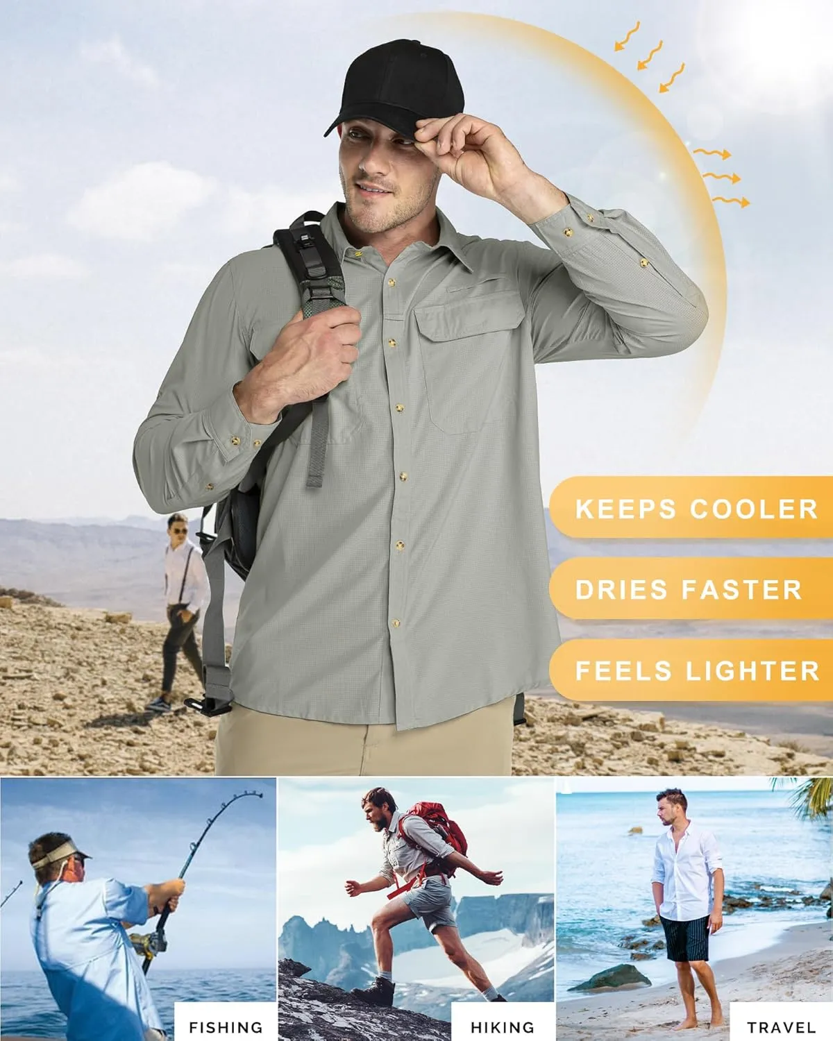 33,000ft Men's Long Sleeve Sun Protection Shirt UPF 50  UV Quick Dry Cooling Fishing Shirts for Travel Safari Camping Hiking
