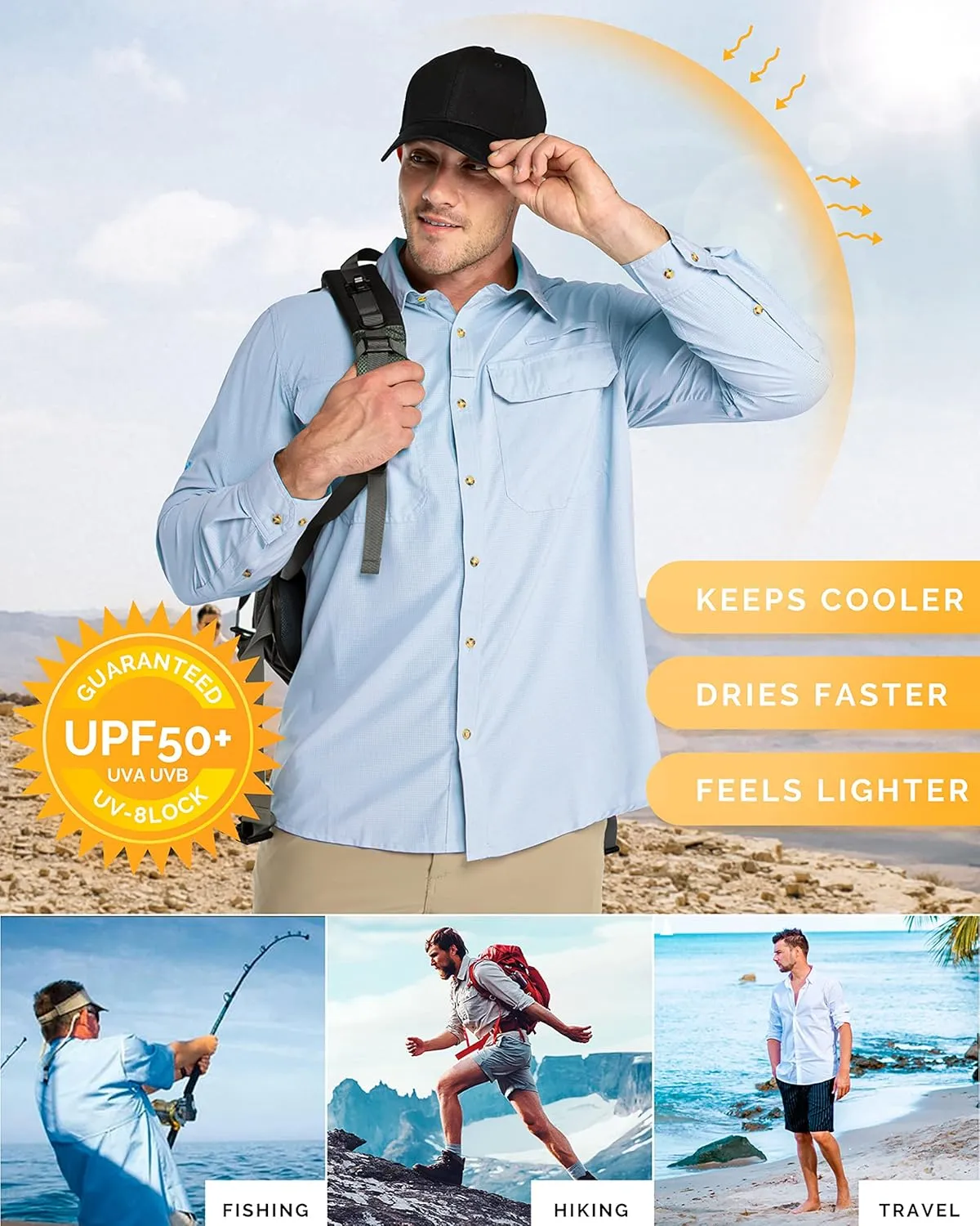 33,000ft Men's Long Sleeve Sun Protection Shirt UPF 50  UV Quick Dry Cooling Fishing Shirts for Travel Safari Camping Hiking