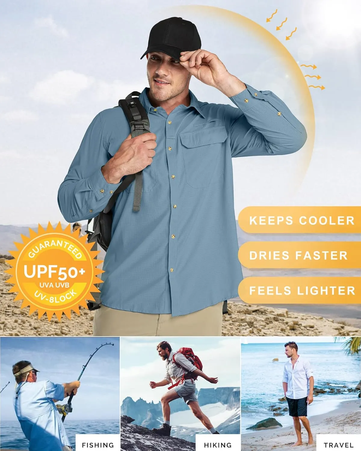 33,000ft Men's Long Sleeve Sun Protection Shirt UPF 50  UV Quick Dry Cooling Fishing Shirts for Travel Safari Camping Hiking