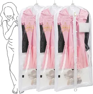 35" Clear Garment Bag With 3 Zipper Pockets for Suits Dress Cover, Travel & Competitions Protector, Dance Costumes, Girls Dress Recital Outfit Organizer, 3 packs, White