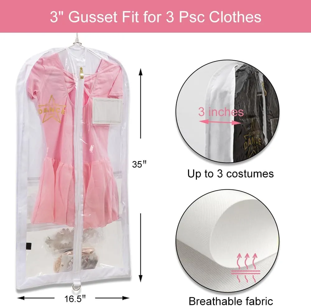 35" Clear Garment Bag With 3 Zipper Pockets for Suits Dress Cover, Travel & Competitions Protector, Dance Costumes, Girls Dress Recital Outfit Organizer, 3 packs, White