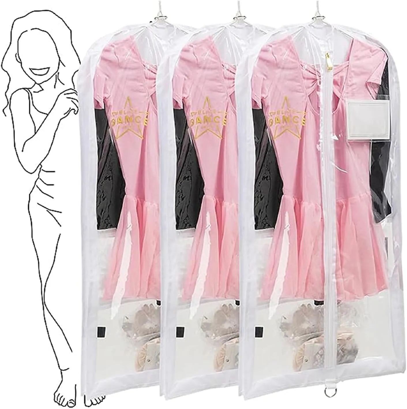 35" Clear Garment Bag With 3 Zipper Pockets for Suits Dress Cover, Travel & Competitions Protector, Dance Costumes, Girls Dress Recital Outfit Organizer, 3 packs, White