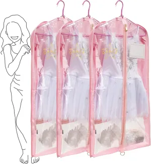 35" Costume Garment Bag with 3 Zipper Pockets for Suits Dress Cover, Travel & Competitions Protector, Dance Costumes, Girls Dress Recital Outfit Organizer, 3 Packs, Pink
