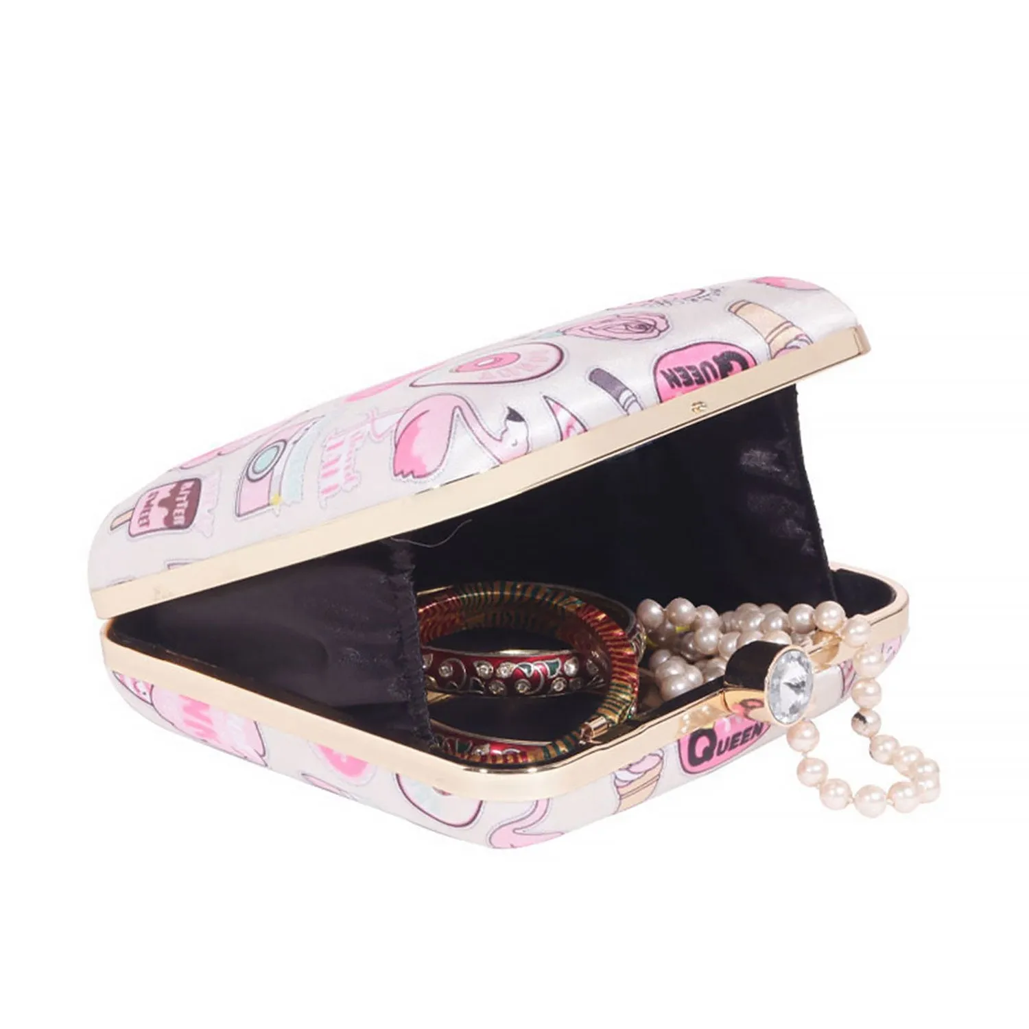 3D Cosmetics Satin Print Square Box Clutch  for Women & Girls