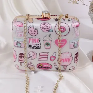 3D Cosmetics Satin Print Square Box Clutch  for Women & Girls