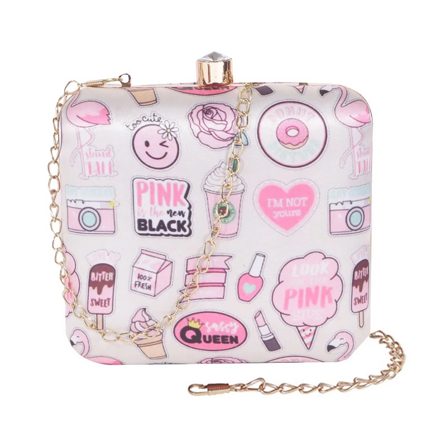 3D Cosmetics Satin Print Square Box Clutch  for Women & Girls