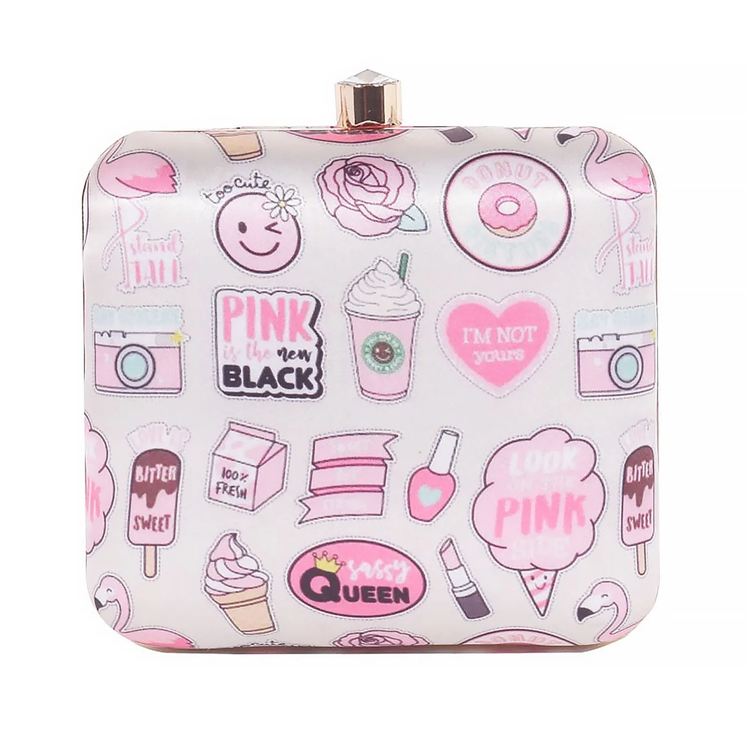 3D Cosmetics Satin Print Square Box Clutch  for Women & Girls