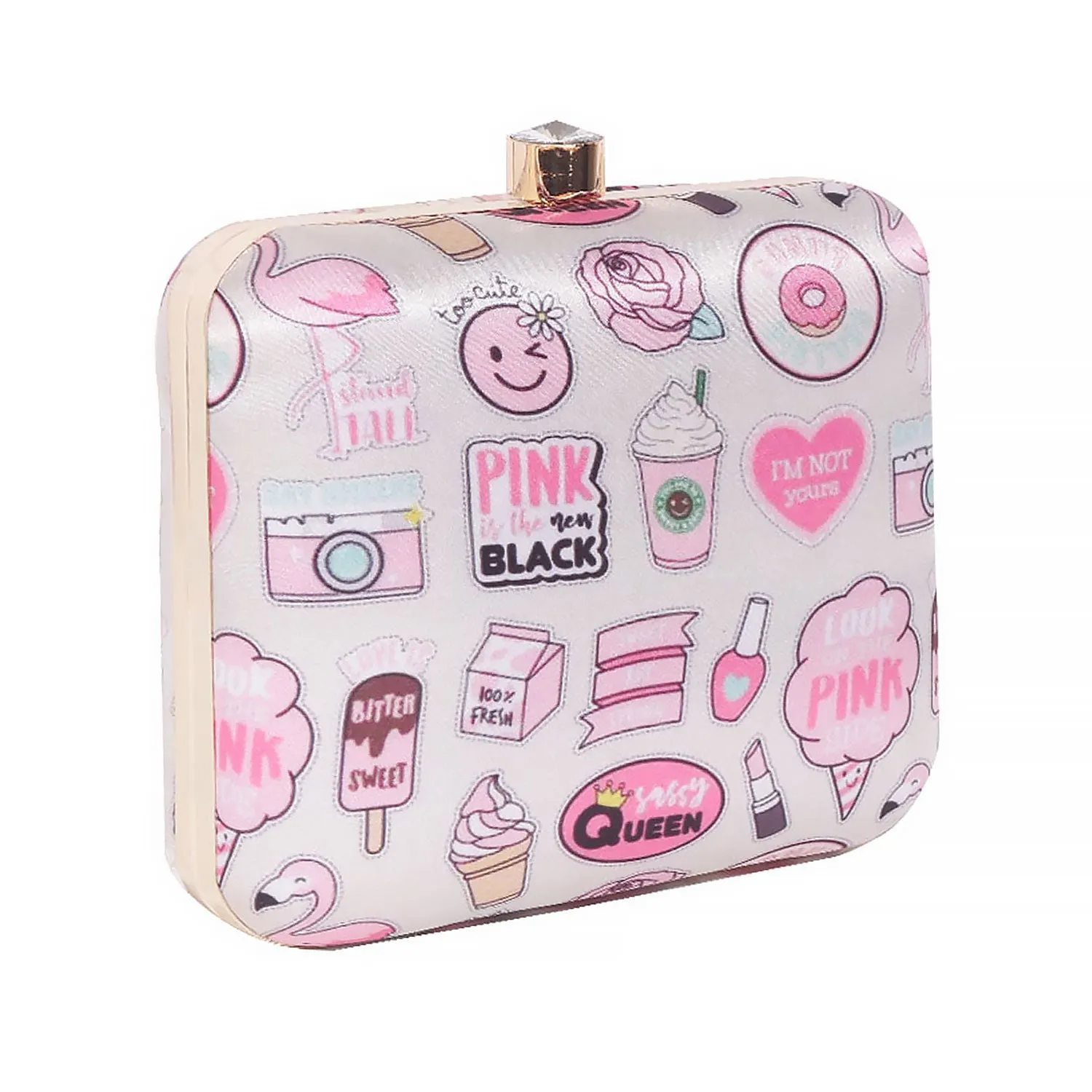 3D Cosmetics Satin Print Square Box Clutch  for Women & Girls