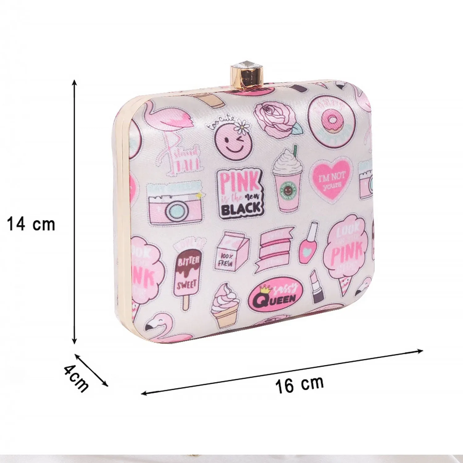 3D Cosmetics Satin Print Square Box Clutch  for Women & Girls