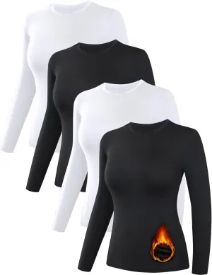 4 Pack Women’s Thermal Shirts, Women Fleece Lined Compression Long Sleeve Base Layer Tops for Winter Cold Weather
