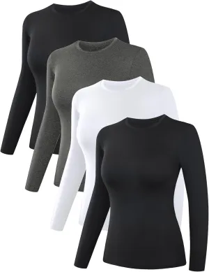 4 Pack Women’s Thermal Shirts, Women Fleece Lined Compression Long Sleeve Base Layer Tops for Winter Cold Weather