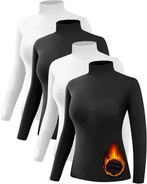 4 Pack Women’s Thermal Turtleneck Shirts, Women Turtle Neck Fleece Lined Compression Long Sleeve Base Layer Tops