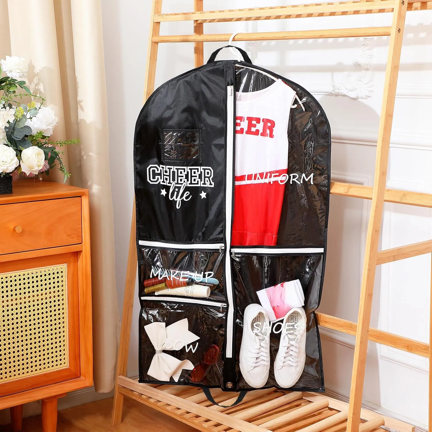 4 Pcs Cheer Garment Bags for Cheerleading Uniform Waterproof Hanging Garment Bags for Dance Costumes 40 Inch Clothes Bag with 5 Pockets and Side Zip Travel Storage Cheer Uniform(Black and White)