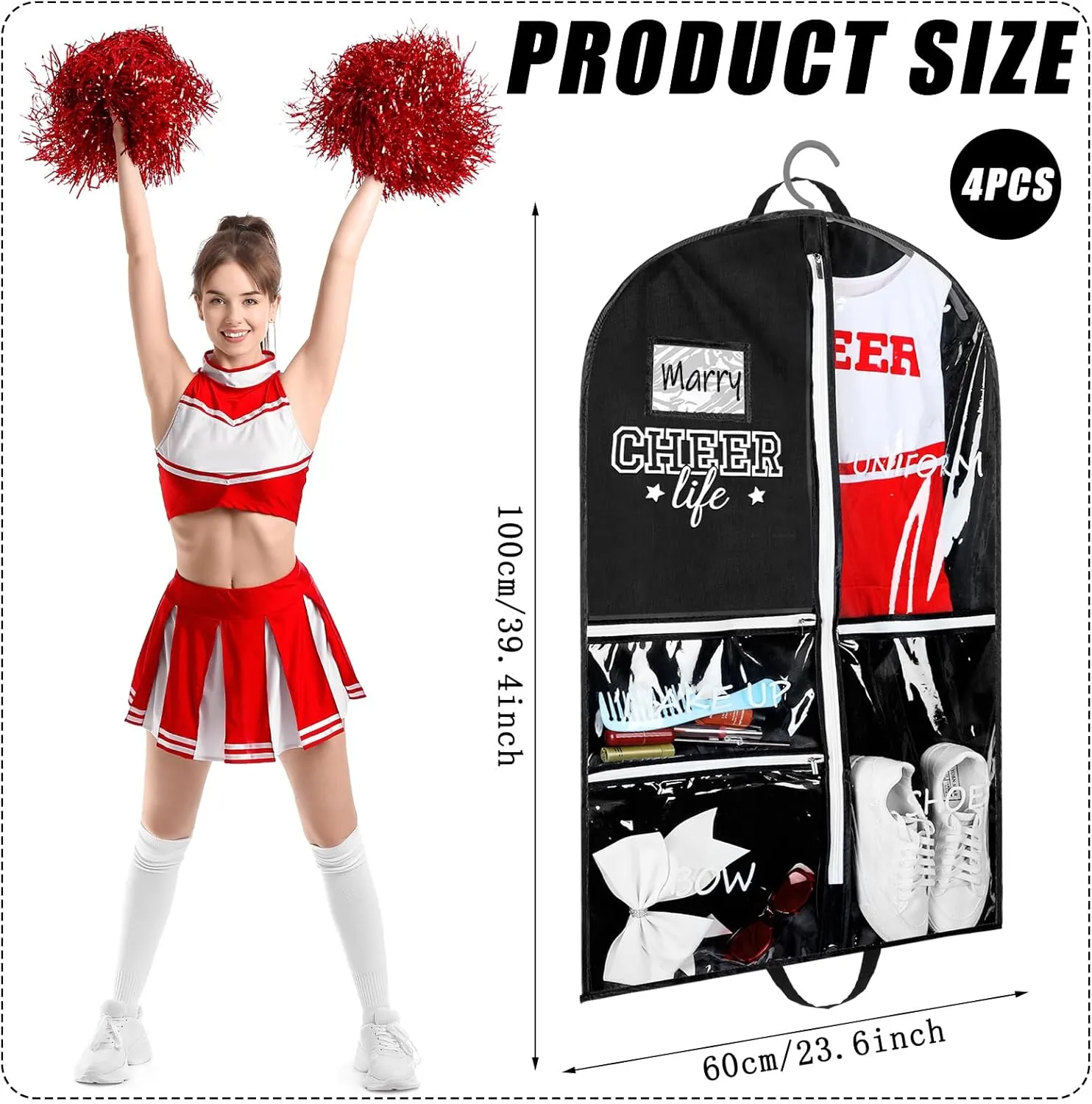 4 Pcs Cheer Garment Bags for Cheerleading Uniform Waterproof Hanging Garment Bags for Dance Costumes 40 Inch Clothes Bag with 5 Pockets and Side Zip Travel Storage Cheer Uniform(Black and White)