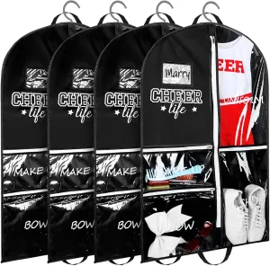 4 Pcs Cheer Garment Bags for Cheerleading Uniform Waterproof Hanging Garment Bags for Dance Costumes 40 Inch Clothes Bag with 5 Pockets and Side Zip Travel Storage Cheer Uniform(Black and White)