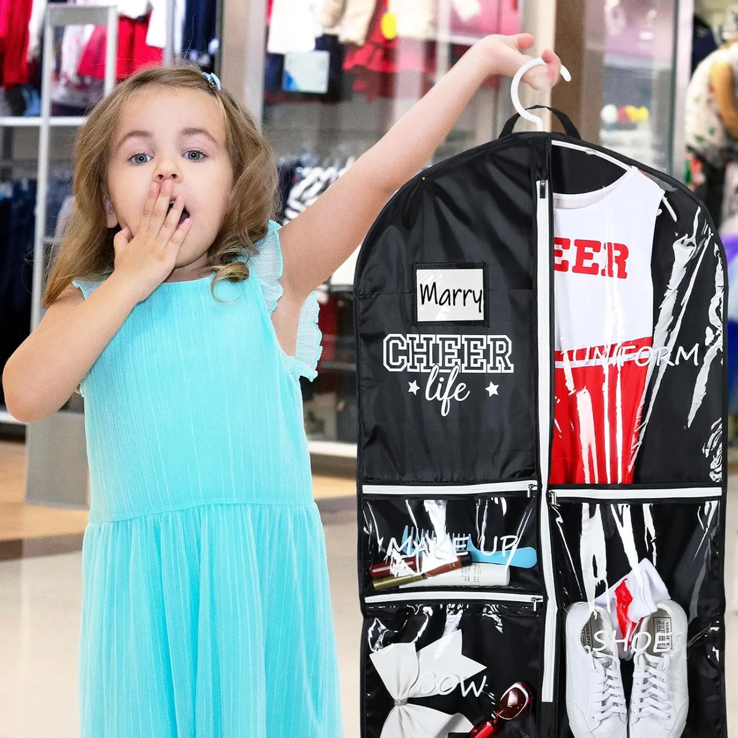 4 Pcs Cheer Garment Bags for Cheerleading Uniform Waterproof Hanging Garment Bags for Dance Costumes 40 Inch Clothes Bag with 5 Pockets and Side Zip Travel Storage Cheer Uniform(Black and White)