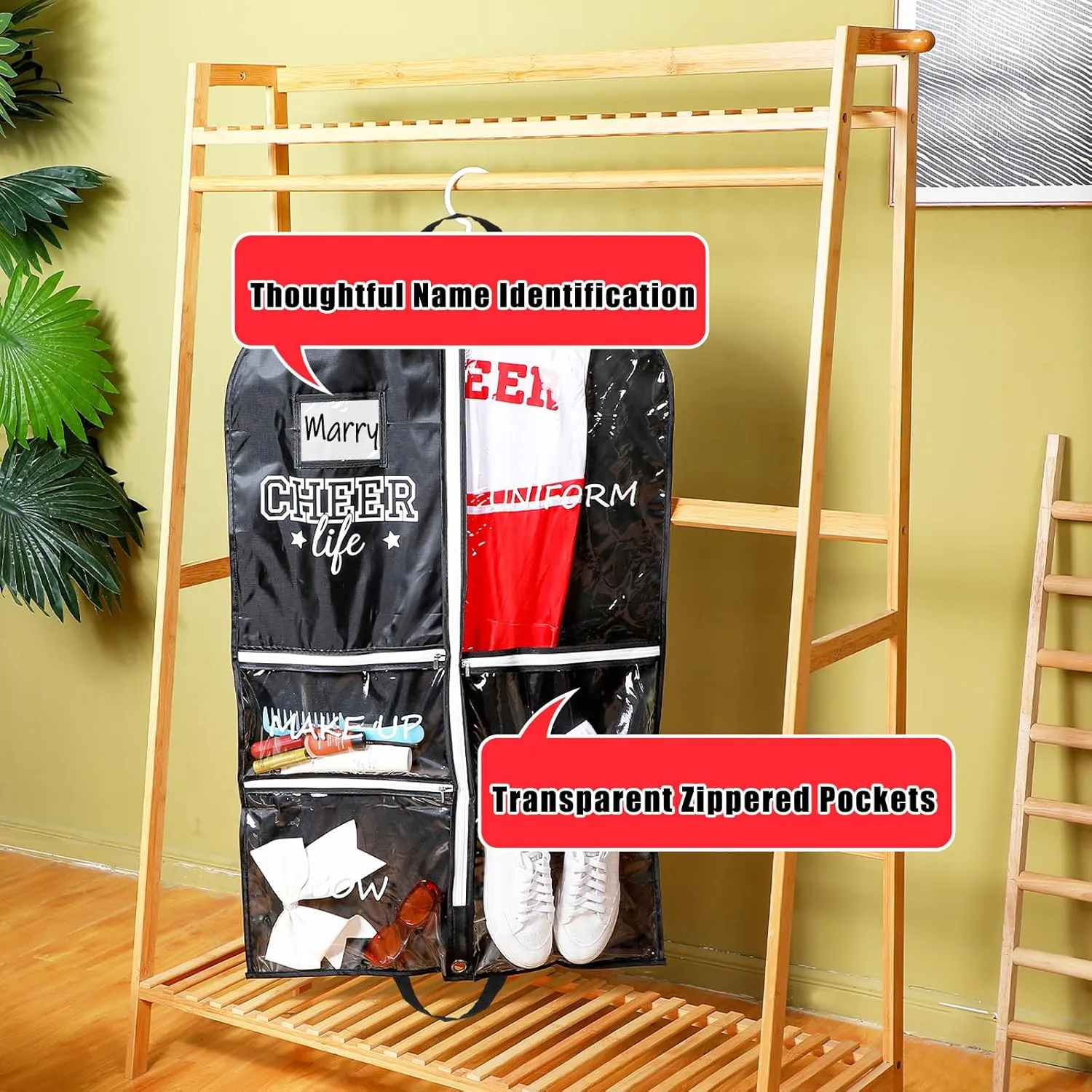 4 Pcs Cheer Garment Bags for Cheerleading Uniform Waterproof Hanging Garment Bags for Dance Costumes 40 Inch Clothes Bag with 5 Pockets and Side Zip Travel Storage Cheer Uniform(Black and White)