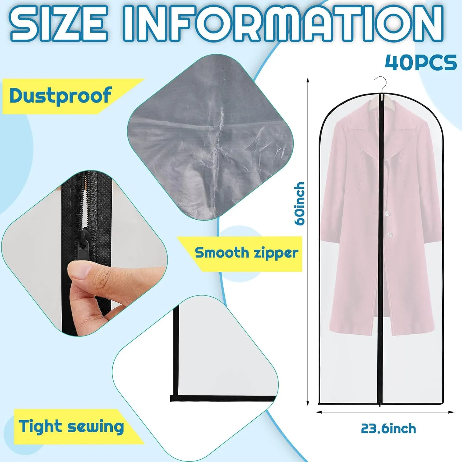 40 Pieces 60/40inch Garment Bags for Hanging Clothes with Zipper Hanging Garment Dress Bags for Gowns Long Storage Plastic Suit Cover for Coat Protector Travel Closet Clothing(24 x 60 Inch)